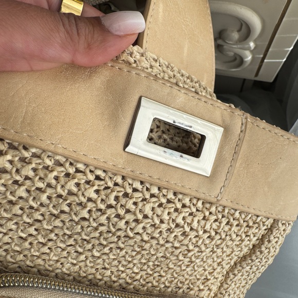 BEIS Tan and Cream Backpack with Woven Texture. THE NATURALS SLING IN BEIGE - Picture 6 of 13